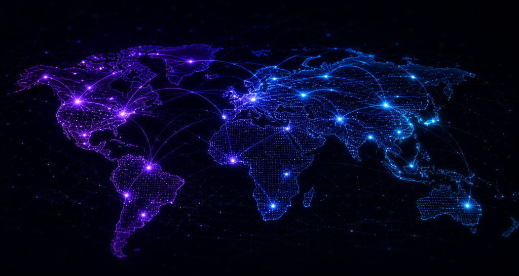 Global IPTV streaming network illustration with worldwide digital connections and premium entertainment technology